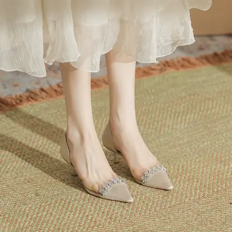 法式尖头高跟鞋女2024年夏季新款设计感小众透明拼接水钻细跟单鞋商品大图