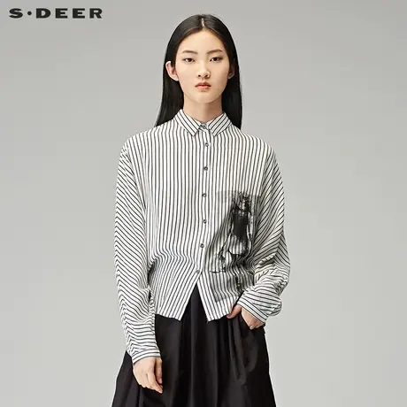 sdeer圣迪奥2019春装黑白条纹晕染印花蝙蝠衫宽松衬衫女S18180505图片
