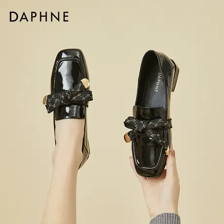 达芙妮蝴蝶结乐福鞋2021新款秋冬软底方头粗跟单鞋英伦风小皮鞋商品大图