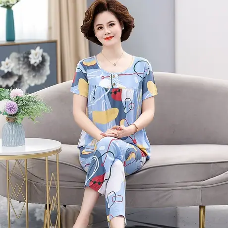 北极绒棉绸睡衣女夏2022年新款妈妈短袖套装中老年人造棉长裤大码商品大图