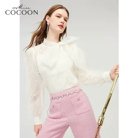 【秋上新】missCOCOON蕾丝蝴蝶结上衣2023秋装新款女泡泡袖雪纺衫商品大图