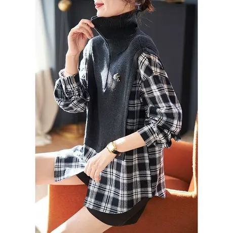 宝诗黎高领针织拼接假两件格子衬衫女春季2024年新款落肩长袖上衣商品大图