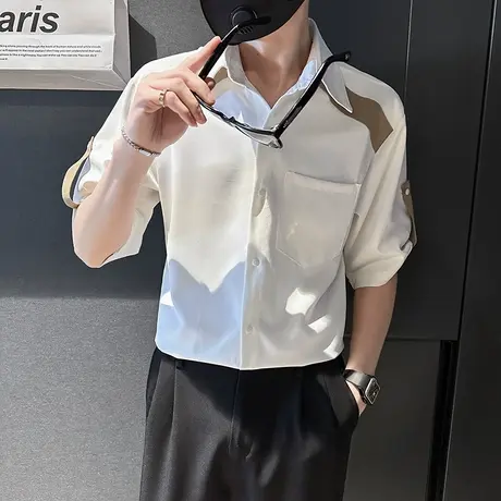 夏季男时尚拼色新款2023夏天小众设计感痞帅短袖衬衫高级感白衬衣商品大图