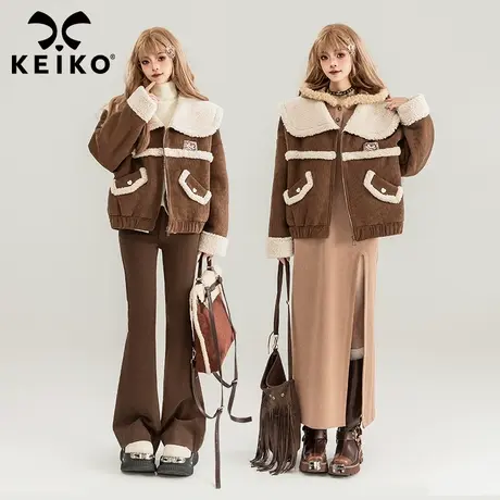 KEIKO [毛绒内里]减龄披肩领短款羊羔毛外套冬季软糯条绒棉服夹克商品大图