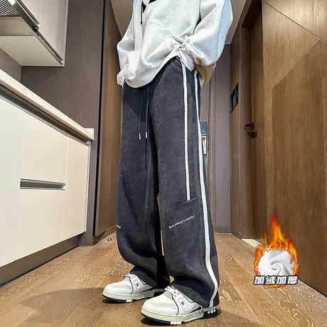 高街垂感灯芯绒休闲裤子男美式条纹秋冬季直筒长裤宽松阔腿运动裤商品大图
