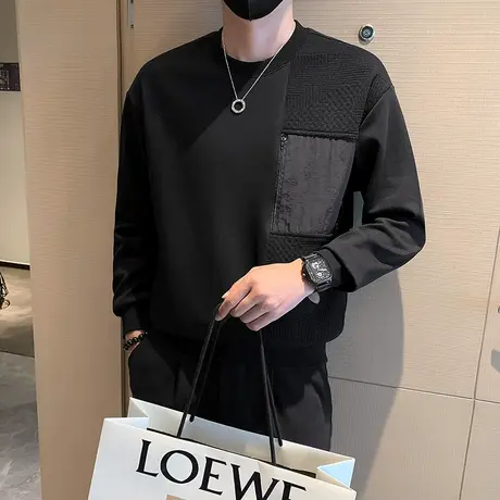 春秋季男个性卫衣新款拼接小众休闲痞帅上衣美式潮牌长袖上衣t恤商品大图