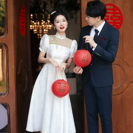 白色礼服女夏季法式旗袍订婚连衣裙登记领证小白裙小个子中长款图片