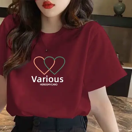 红色纯棉落肩短袖T恤女夏季新款2024打底简约洋气圆领内搭上衣潮商品大图