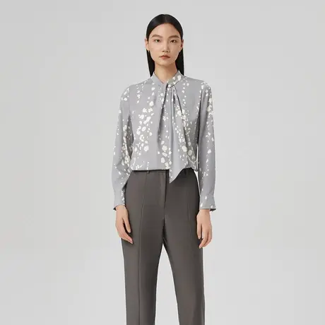 【真丝】LANCY/俪雅春季新款印花长袖衬衫女宽松通勤衬衣女图片