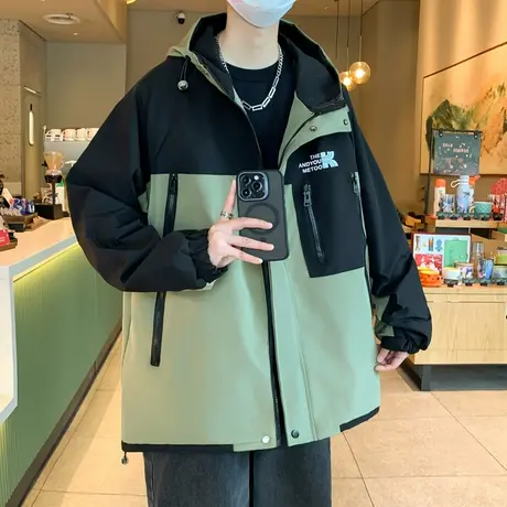 美式机能连帽夹克男士春秋季日系复古拼接撞色冲锋衣潮牌外套男装商品大图