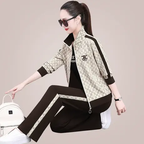 女士春秋季直筒裤休闲运动服套装2024年新款立领压花外套三件套潮图片