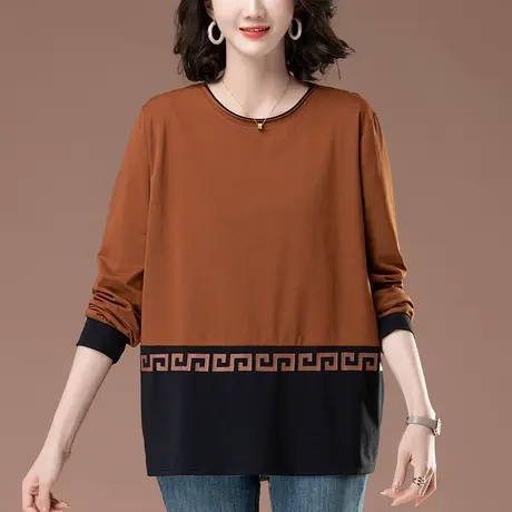 长袖t恤女春季加肥加大码女装宽松中老年妈妈纯棉撞色拼接打底衫商品大图