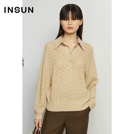 INSUN恩裳冬季减龄假两件直筒羊绒毛针织衫商品大图