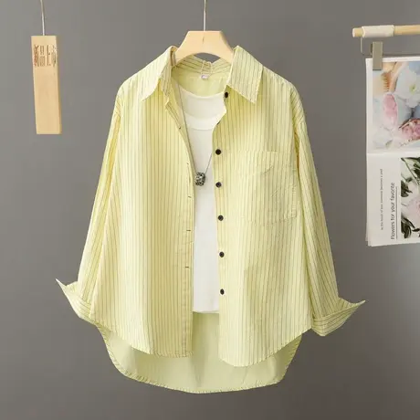 黄色条纹衬衫女叠穿2024年春装新款宽松长袖外搭衬衣外套休闲上衣图片