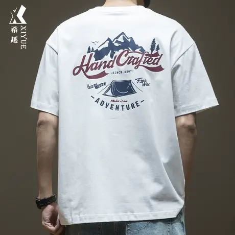 美式260g重磅纯棉短袖T恤男2024春季宽松大码男士露营印花体恤潮图片