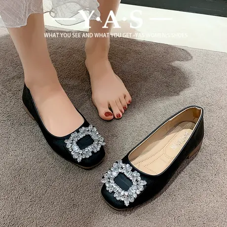 2024年新款工作鞋女春季时尚百搭气质单鞋粗跟平底水钻扣方头鞋子图片