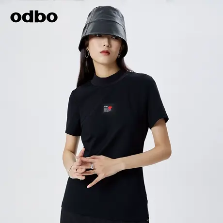 odbo/欧迪比欧休闲气质黑色短袖t恤女春季新款收腰显瘦百搭上衣商品大图