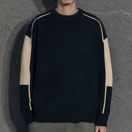 奕飏撞色设计冬季男士毛衣韩版潮流毛衫外套圆领秋冬款保暖打底衫商品大图