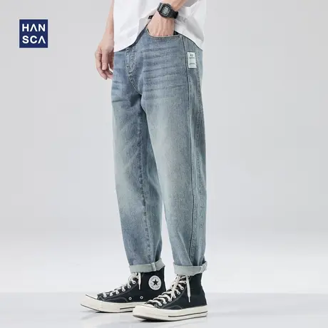 hansca美式复古牛仔裤男春季新款直筒宽松休闲大码弹力哈伦长裤子商品大图