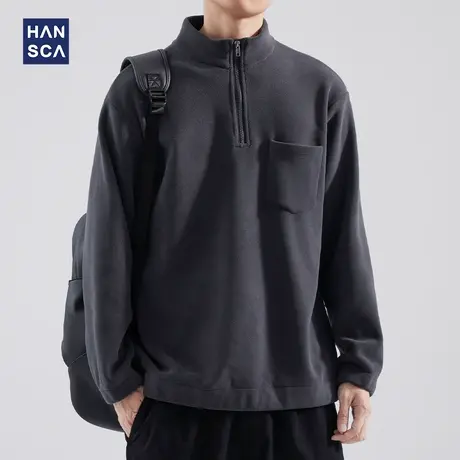 hansca双面绒半开襟纯色卫衣男秋季日系简约百搭复古休闲运动上衣商品大图