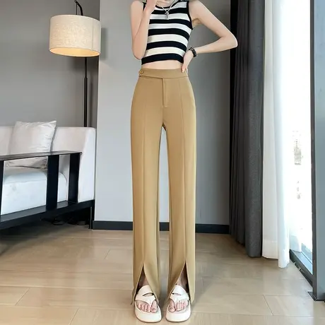 卡其色冰丝阔腿裤女春夏薄款高腰显瘦宽松垂感开叉微喇叭西装裤子商品大图