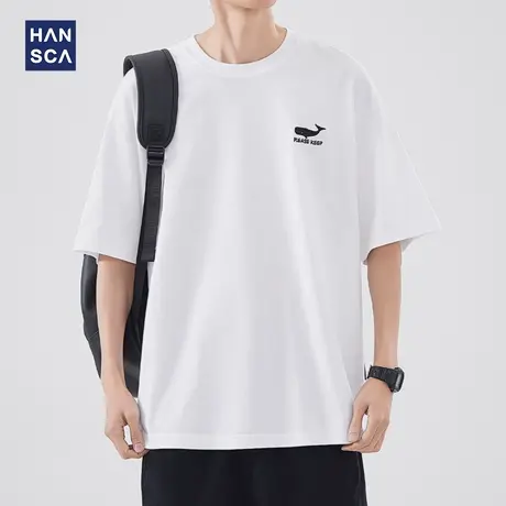 hansca 美式圆领短袖T恤男夏季新款鲸鱼印花潮牌简约百搭宽松上衣商品大图