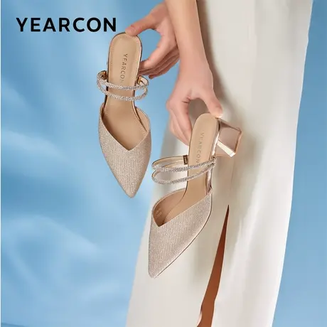 意尔康凉鞋女2024新款夏仙女风气质凉半拖百搭中跟包头高跟两穿鞋商品大图