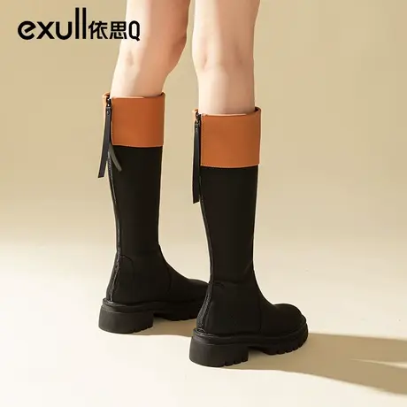 依思q长筒靴女秋冬女靴2023年新款拼色靴子后拉链长靴中跟瘦瘦靴商品大图