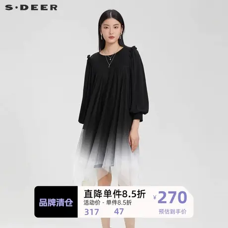 sdeer圣迪奥女装圆领木耳边网纱灯笼袖连衣裙S221Z1297图片