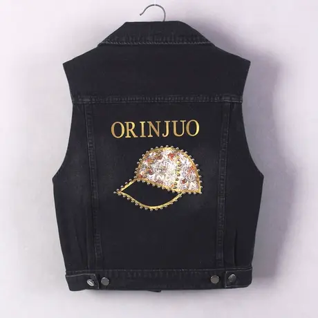 牛仔马甲女短款背心宽松春秋新款大码无袖外套显瘦外搭钉珠帽子黑商品大图