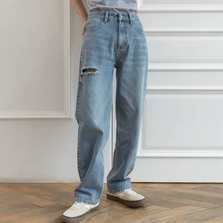 omont蛋挞家 复古水洗浅牛仔蓝破洞直筒牛仔裤女夏宽松阔腿裤长裤图片