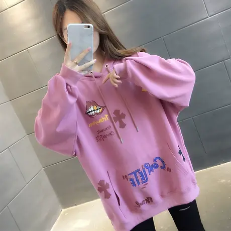 2023秋季新款韩版宽松中长款连帽卫衣女时尚印花网红休闲百搭外套商品大图