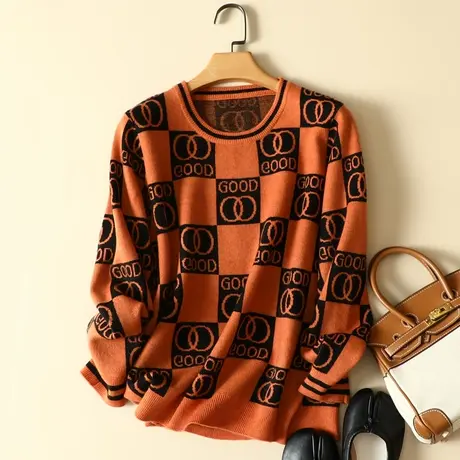 秋季圆领毛衣女套头宽松大码长袖打底针织衫时尚百搭内搭上衣外套商品大图