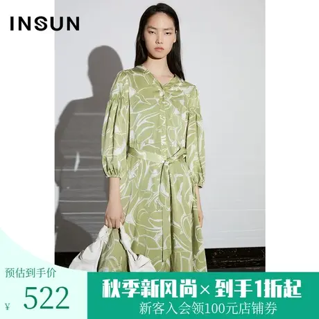 恩裳COVER2023春款新款仿醋酸绒缎面艺术印花打揽小灯笼袖连衣裙图片