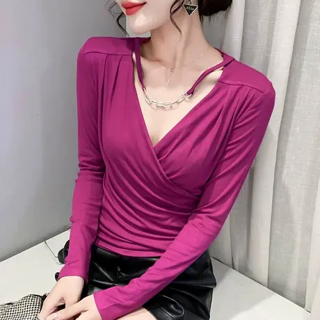 性感V领交叉T恤女装小众设计感洋气上衣修身百搭打底衫女长袖春秋商品大图