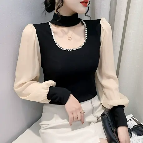 性感镂空泡泡袖T恤女欧货洋气挂脖上衣往拼接打底衫女长袖春秋商品大图