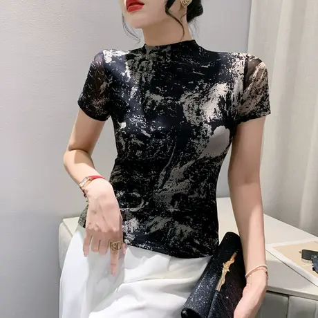 时尚半高领上衣女短袖初秋2023新款复古印花网纱雪纺衫内搭打底衫图片