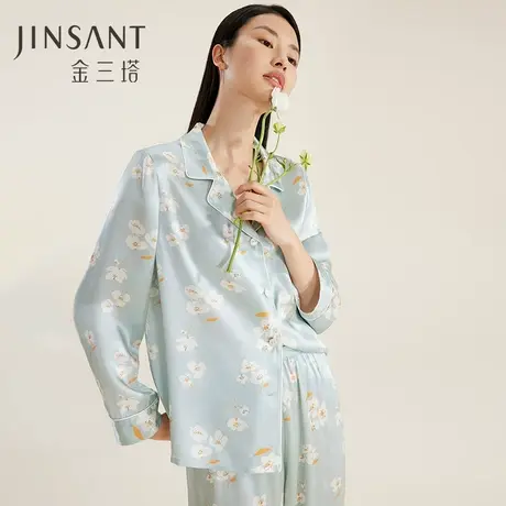 丝滑舒适】100%桑蚕丝雅致印花睡衣真丝家居服衣裤套女春夏金三塔图片