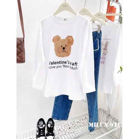 韩国东大门长袖上衣2023早春新款ins小熊白色T恤打底衫中长款大码商品大图