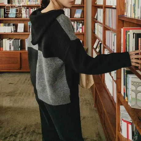 百洛安复古拼色宽松长袖毛衣女2023秋新款百搭休闲连帽针织衫毛衫图片