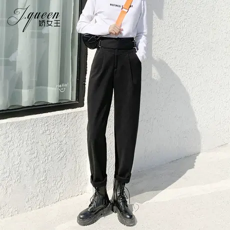 毛呢萝卜裤女高腰裤子秋冬季黑色宽松休闲显瘦百搭加绒哈伦小脚裤商品大图