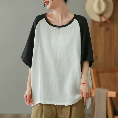 dza复古亚麻拼色T恤女2023夏季薄款圆领打底体恤宽松棉麻套头上衣商品大图