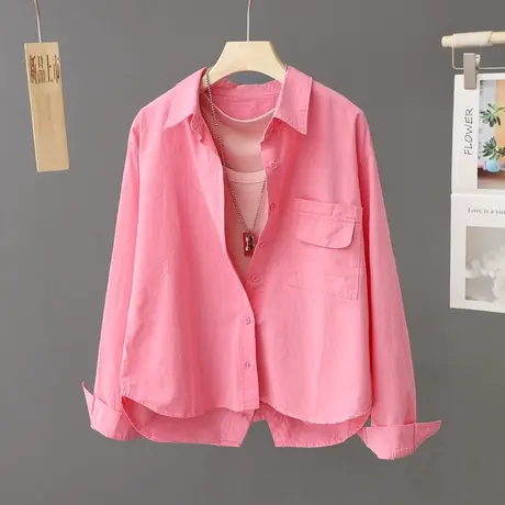 2023春季新款后背开叉短款衬衫上衣女玫红糖果色衬衣春秋短外套潮图片