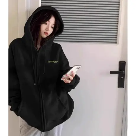 oversize卫衣女春秋季薄款设计感小众上衣慵懒风连帽开衫拉链外套商品大图