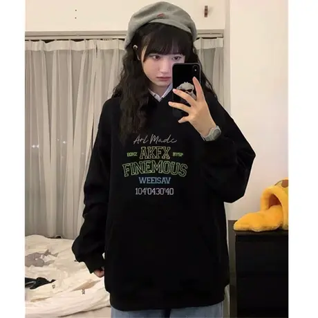 美式复古oversize潮牌卫衣女2023春秋薄款设计感小众宽松连帽外套商品大图