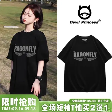 黑色ulzzang高街小众潮牌T恤女2023新款百搭黑色短袖BF风慵懒上衣商品大图