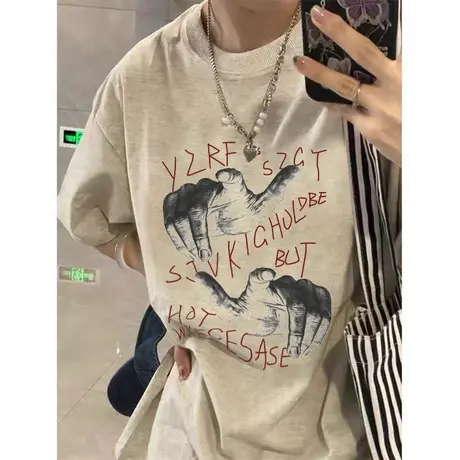 纯棉灰色短袖t恤女港味chic夏季2023新款美式复古宽松小个子上衣商品大图