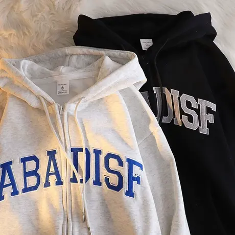 设计感连帽开衫卫衣女秋冬加绒加厚ins潮牌宽松港味chic大码外套图片