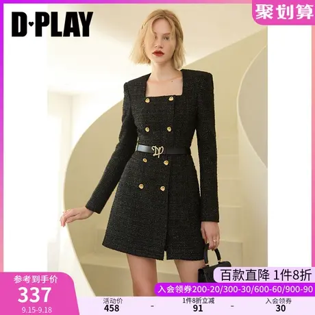 DPLAY【黑标】秋装新通勤风黑色定制双排金属纽扣装饰连衣裙图片
