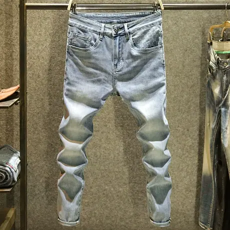 夏天高端印花男士牛仔裤时尚弹力修身小脚裤欧版立体压胶百搭长裤商品大图